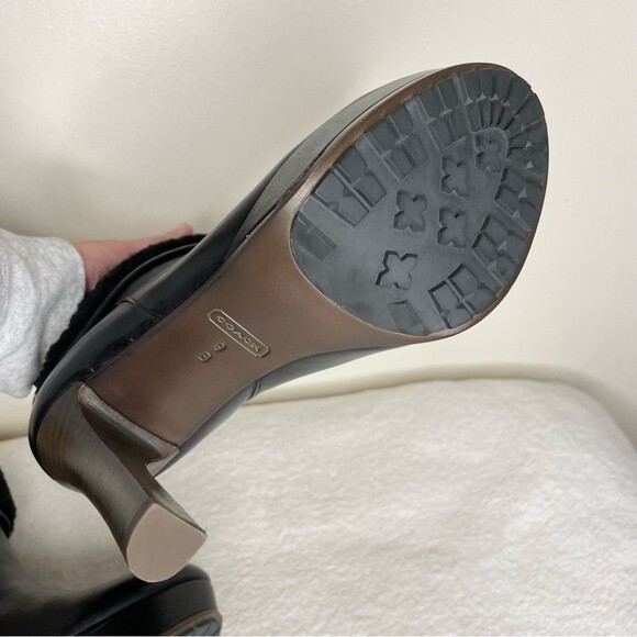 Coach Boots Apple Vin Veg Heels Leather Shearling Cuff High New Black Size 9 - Picture 8 of 16